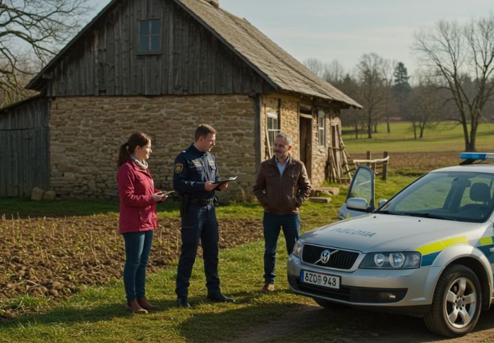 An environmental inspector in uniform stepping out of a marked vehicle to talk to a man and a woman near a rustic house in a rural agricultural setting with a clear blue sky.