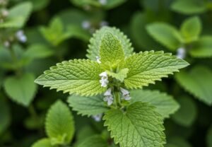 Fresh lemon balm leaves used for anxiety-reducing medicinal tea.