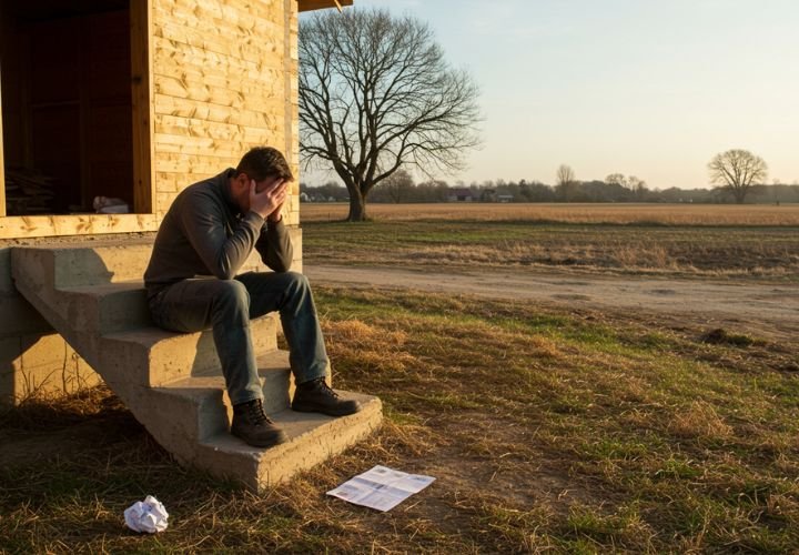 A man in casual work clothes sitting on the steps of an unfinished house in a rural field, covering his face in distress after receiving a fine for illegal construction. A crumpled official document is beside him.
