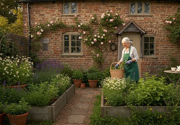 Elderly woman tending medicinal teas in small spaces behind English cottage, featuring raised beds of chamomile, lavender, and traditional healing herbs.