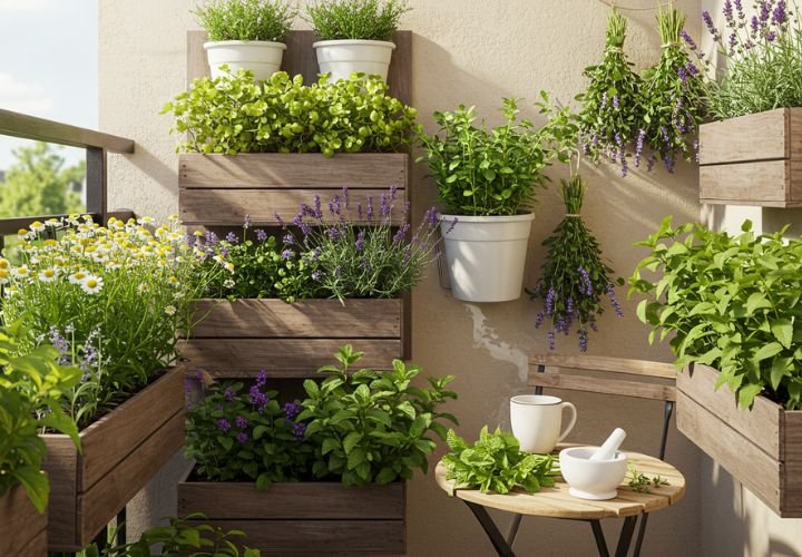 Medicinal teas in small spaces featuring vertical garden setup with chamomile, lavender, and mint growing in tiered planters on a sunny urban balcony.