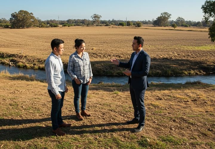 A real estate agent in professional attire talking to a man and a woman in front of a large agricultural plot, gesturing towards the land under a bright blue sky with scattered trees and a river.