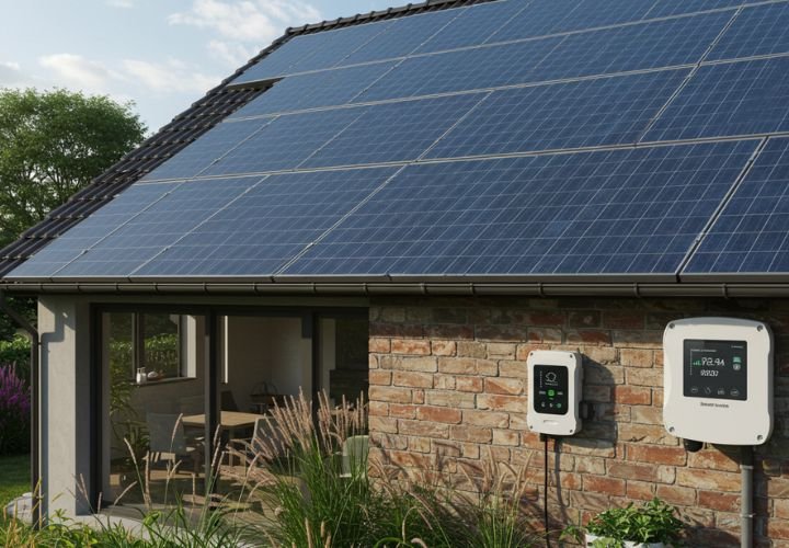 Home rooftop solar panels with visible IoT sensors and digital monitoring display
