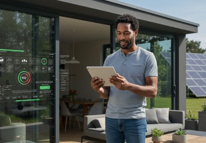 Person viewing solar system IoT dashboard on tablet with solar panels visible in background