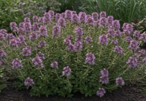 Thyme plant with small leaves and purple flowers used for medicinal tea.