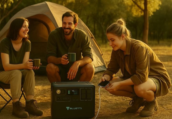 A group of friends enjoys camping at sunset while powering their devices with a Bluetti portable solar generator. This real-life scenario showcases one of the best off-grid solar generators in 2025, ideal for off-grid energy setups and outdoor living. Perfect example for anyone researching a 2025 solar generator comparison or planning a reliable off-grid system.