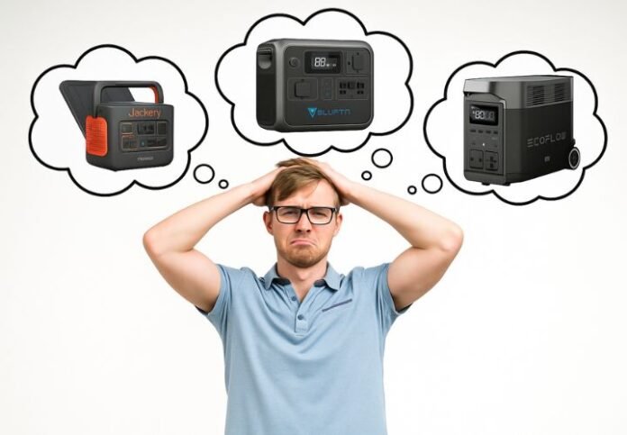 Confused man deciding between Bluetti, EcoFlow, and Jackery portable solar generators for off-grid energy setup